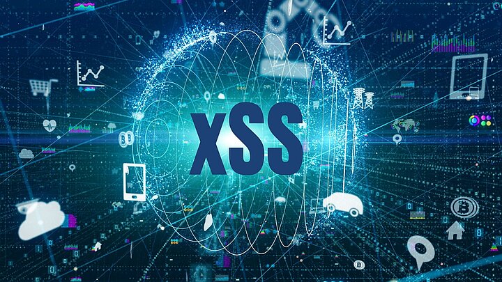 Grafika z kulą stworzoną ze spirali w której znajduje się napis xss