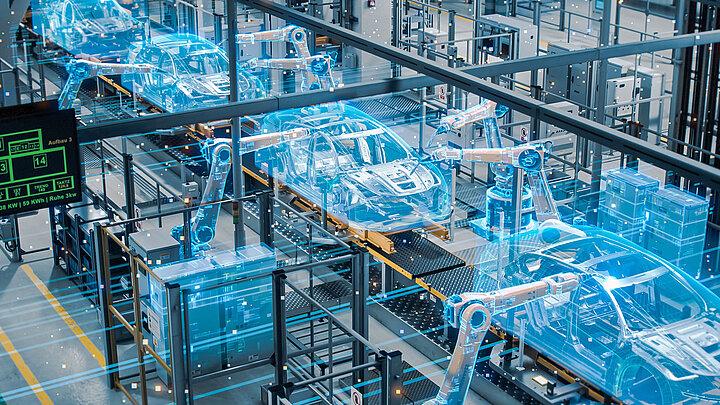 zdjęcie hali produkcyjnej z nałożoną grafiką komputerową