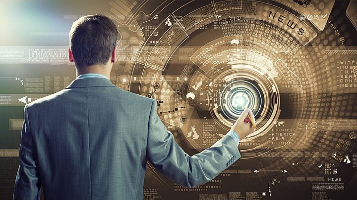 Abstrakcyjna grafika z mężczyzną wskazującym ręką wirtualny tunel cyfrowy