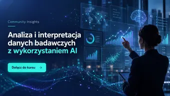 Grafika promocyjna kursu "Community Insights: Analiza i interpretacja danych badawczych z wykorzystaniem AI" na granatowym tle z turkusowo-fioletowymi elementami wizualizacji danych (wykresy, sieci połączeń) oraz sylwetką osoby analizującej świecące dane na ekranie. Po lewej stronie napis "Community Insights" oraz tytuł kursu, poniżej turkusowy przycisk z tekstem "Dołącz do kursu".