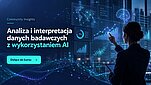 Grafika promocyjna kursu "Community Insights: Analiza i interpretacja danych badawczych z wykorzystaniem AI" na granatowym tle z turkusowo-fioletowymi elementami wizualizacji danych (wykresy, sieci połączeń) oraz sylwetką osoby analizującej świecące dane na ekranie. Po lewej stronie napis "Community Insights" oraz tytuł kursu, poniżej turkusowy przycisk z tekstem "Dołącz do kursu".