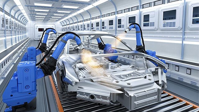 Zdjęcie lini produkcyjne na której jest fragment samochodu a wokół 4 roboty malujące