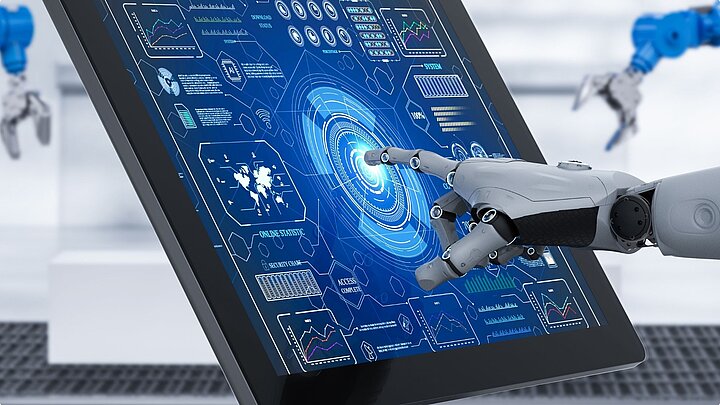 Abstrakcyjne zdjęcie dłoni robota dotykającej cyfrowego wyświetlacza