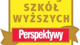 Żółta odznaka z napisem „Ranking SZKÓŁ WYŻSZYCH Perspektywy 2024”. Słowo „Perspektywy” wyróżnione na czerwonym tle białym tekstem.