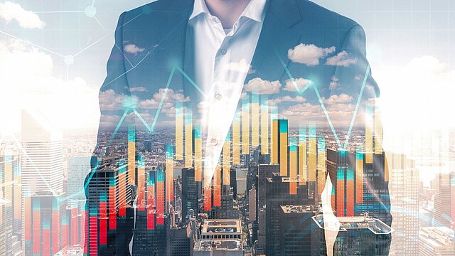 Abstrakcyjne zdjęcie korpusu mężczyzny z wygenerowanym na froncie wykresem słupkowym