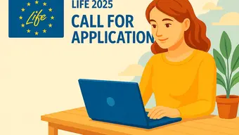 Nowoczesna, realistyczna i kolorowa ilustracja przedstawiająca motywy związane z ochroną środowiska, zrównoważonym rozwojem i europejskimi projektami ekologiczno-klimatycznymi, symbolizująca Program LIFE 2025 ogłoszony przez CINEA