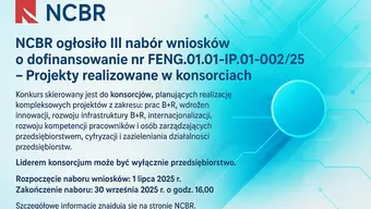Grafika informacyjna Narodowego Centrum Badań i Rozwoju (NCBR) ogłaszająca III nabór wniosków o dofinansowanie nr FENG.01.01-IP.01-002/25 – Projekty realizowane w konsorcjach. Tło jasne, nowoczesne, w odcieniach błękitu z elementami abstrakcyjnymi i logo NCBR w lewym górnym rogu
