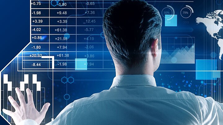 Abstrakcyjna grafika osoby dotykającej cyfrowy duży ekran