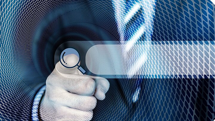 Grafika przedstawiająca wskazujący palec ręki przyciskający wirtualny przycisk