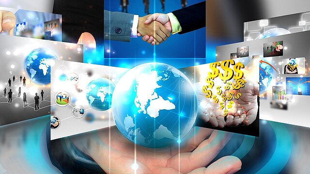 Abstrakcyjna grafika przedstawiająca kulę ziemską na dłoni wraz z grafikami