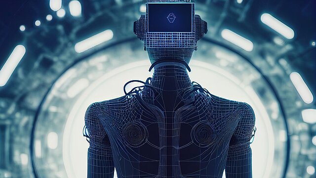 Abstrakcyjna grafika przedstawiająca humanoida w okalnym tunelu