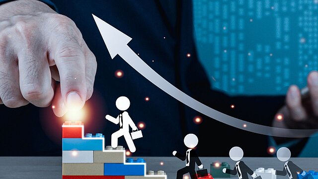 Abstrakcyjna grafika dłoni wstazującej na wygenerowana grafikę w formie schodów