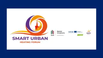 Grafika promocyjna „Smart Urban Heating Forum” z kolorowym logo przedstawiającym stylizowaną panoramę miasta w okręgu w odcieniach pomarańczowego, fioletowego i żółtego; obok znajdują się logotypy partnerów: AGH Wydział Zarządzania, Interreg Central Europe, Unia Europejska (HEAT 35) oraz MPEC Kraków na jasnym tle i granatowej ramce.