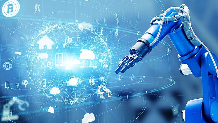 Zdjęcie ramiona robota przemysłowego w wygenerowaną cyfrową grafiką kuli ziemskiej