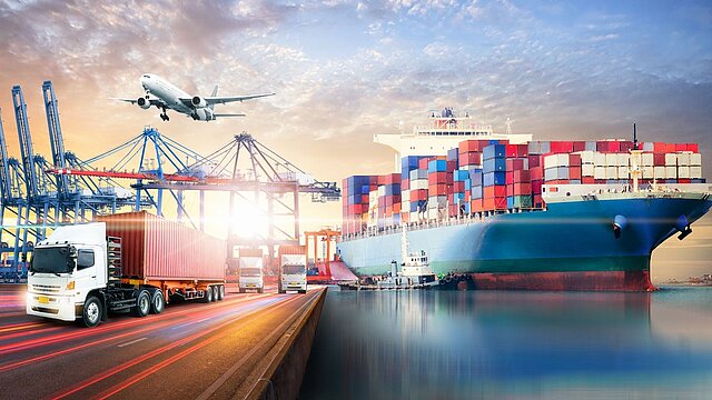 Abstrakcyjna grafika przedstawiająca statek i samochód