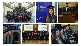 Kolaż przedstawiający zdjęcia absolwentów zbiorowo jak i pojedynczo podczas Święto Absolwentów 2025