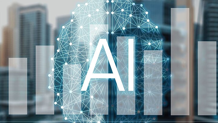 Abstrakcyjne zdjęcie wieżowców w tle z wygenerowanym wykresem słupkowym i napisem AI na froncie zdjęcia