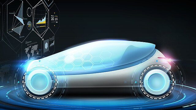 Grafika przedstawiająca nowoczesny samochód wygenerowany cyfrowo