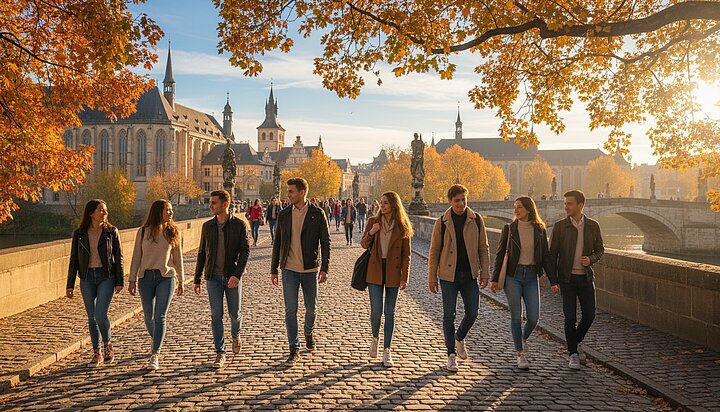 Studenci przechodzący przez historyczny europejski most w jesiennej scenerii