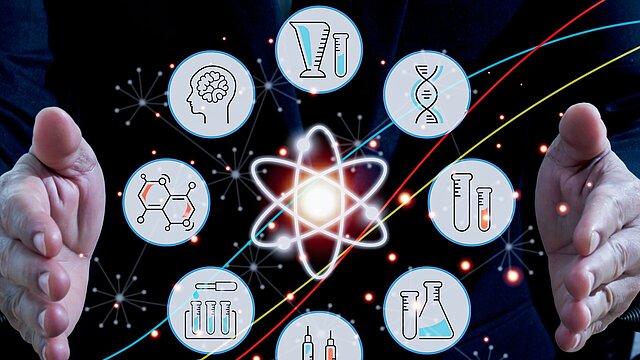 Zbstrakcyjne zdjęcie dwóch dłoni między którymi wygenerowane są ikony w formie grafiki