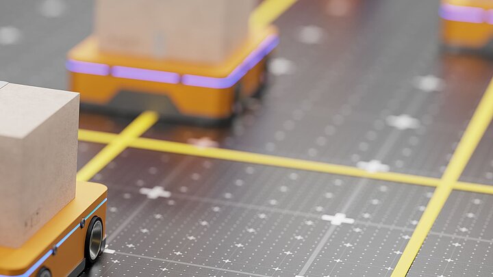 Grafika przedstawiająca powierzchnię magazynową po której poruszają się zabawki samochodziki z towarami