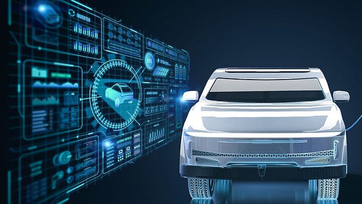 Grafika przedstawiająca cyfrowy samochód i wirtualną ścianę diagnostyczną