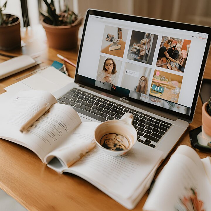 Zdjęcie otwartego laptopa na stole z filiżanką kawy i czasopismem