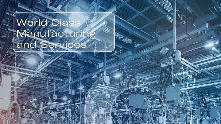 Abstrakcyjna grafika przedstawiająca fragment hali produkcyjnej z nazwą studiów podyplomowych