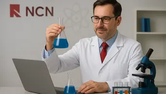 Naukowiec w laboratorium w białym fartuchu, trzymający kolbę z niebieskim płynem. Na stole laptop, druga kolba, zestaw probówek i mikroskop. W tle logo Narodowego Centrum Nauki (NCN)