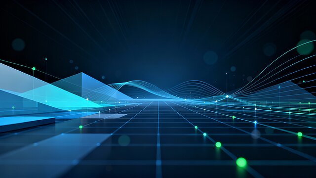 Abstrakcyjne tło w stylu technologicznym: granatowy gradient, siatka 3D w perspektywie, półprzezroczyste kształty i linie danych z turkusowo‑błękitnymi akcentami.