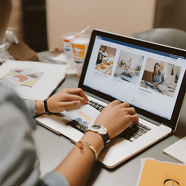 Zdjęcie laptopa na stole z ręką na klawiaturze