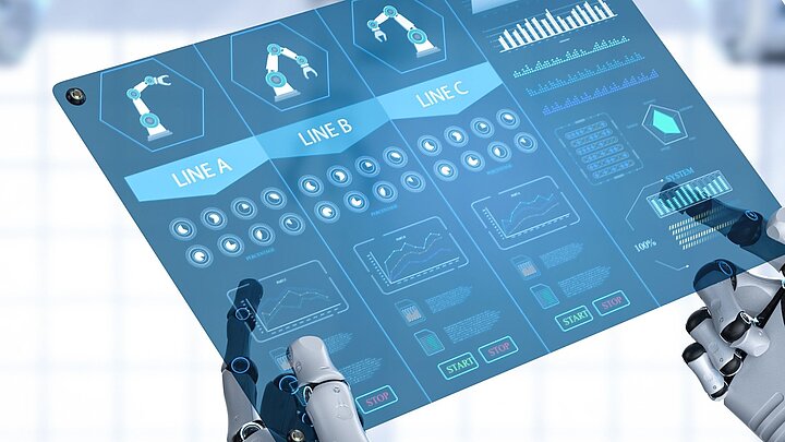 Abstrakcyjna grafika na której ręce robota trzymają cyfrowy wyrduk