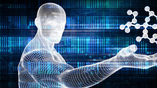 Grafika wygenerowana przedstawiająca człowieka i grafikę związku wygenerowaną cyfrowo