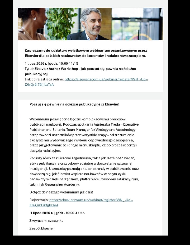 Zaproszenie do udziału w webinarium Elsevier Author Workshop - jak poczuć się pewnie na ścieżce publikacyjnej, które odbędzie się 1 lipca 2026 r.