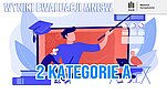Grafika promująca wyniki ewaluacji MNiSW. Na ilustracji widoczna jest scena związana z edukacją i nauką: duży ekran prezentacyjny, postacie uczestniczące w zajęciach oraz akademicki biret. U góry znajduje się napis „WYNIKI EWALUACJI MNiSW”, a na dole wyróżniony tekst „2 KATEGORIE A”. W prawym górnym rogu umieszczono logo AGH i Wydziału Zarządzania.