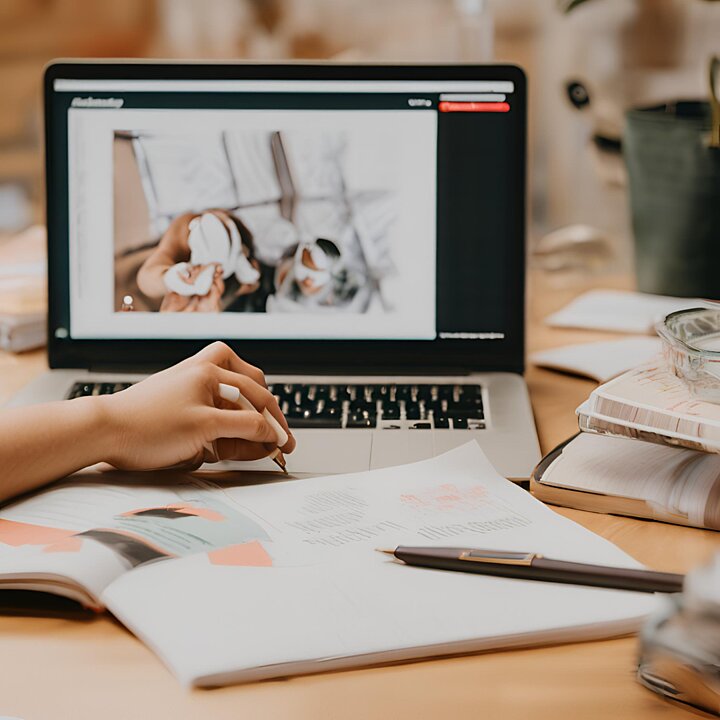 Zdjęcie otwartego laptopa w tle oraz czasopisma leżącego na stole 