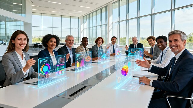 różnorodni naukowcy w jasnej sali konferencyjnej z hologramami i ekranami.