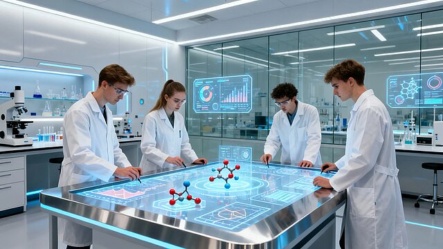 młodzi naukowcy pracujący przy interaktywnych ekranach, hologramy, jasna sala badawcza, nowoczesny design