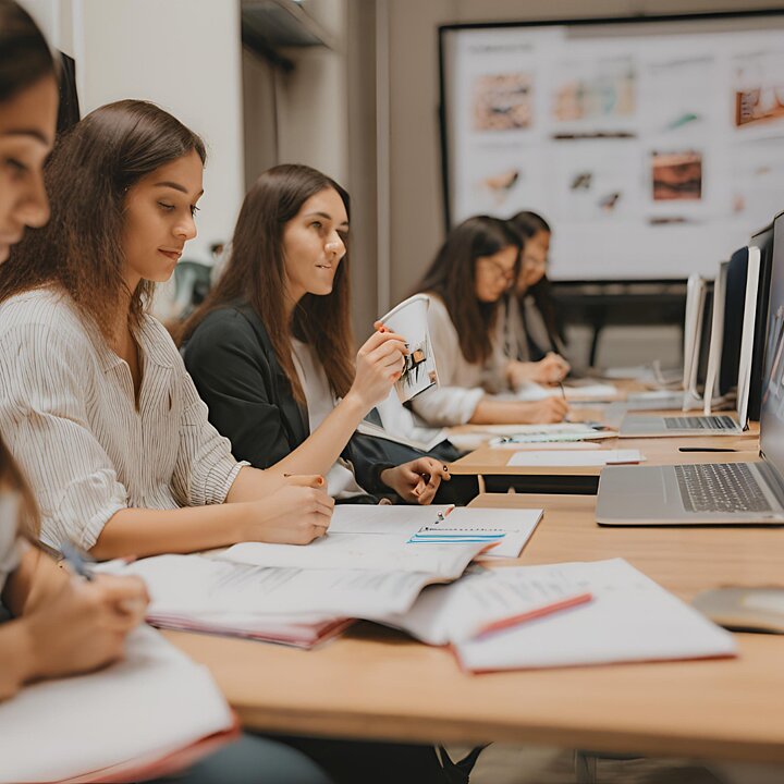 Zdjęcie grupy osób siedzących przy stole przed otwartymi laptopami
