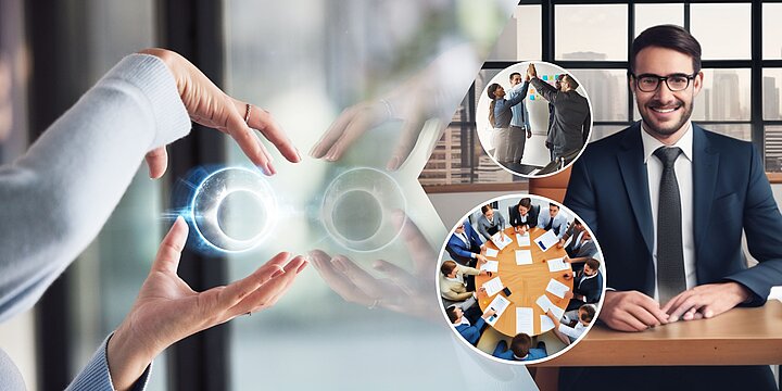 Abstrakcyjna grafika rąk otaczających wirtualną kulę