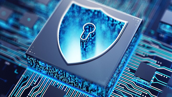 Grafika przedstawiająca tarczę z kluczem cyfrowym na tle procesora z połączeniami