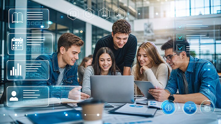 Studenci wybierający przedmioty obieralne przy laptopach z nałożonym interfejsem harmonogramu i checklistą kursów