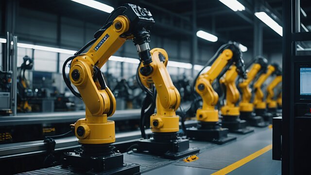 Zdjęcie siedmiu robotów przemysłowych ustawionych w linii na powierzchni roboczej hali