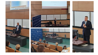 kolaż zdjęć przedstawiający Dziekana i Prodziekanów podczas przemówienia