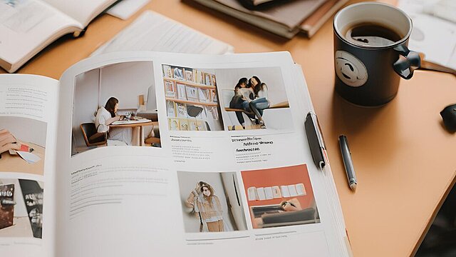 Zdjęcie czasopisma na stole z kubkiem kawy